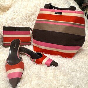 KATE SPADE ♠️ Vintage Classic Stripe BUNDLE Bucket, Cosmetic & Mules 8 N/Narrow